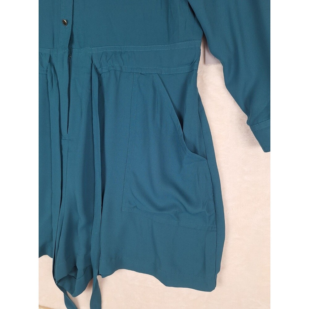 Jennifer Lopez Womens 14 Roll Tab Sleeve Shorts Romper Turquoise Green Pockets - Picture 2 of 15